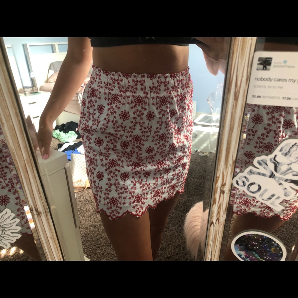red & white floral skirt